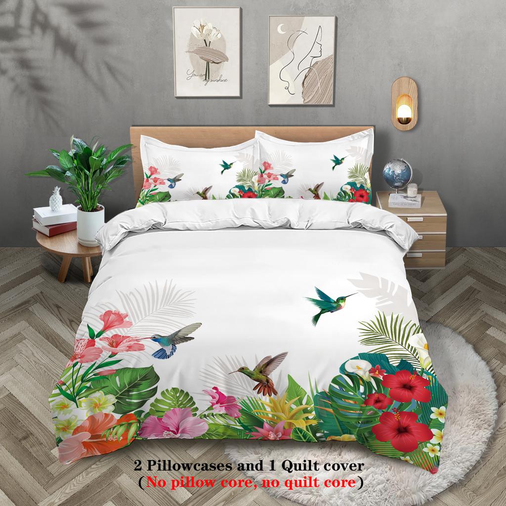 3pcs Flowers and Birds Pattern Printed Bedding Set, Suitable for Women Bedroom, Queen, King, Twin Bed,1*duvet Cover+2*pillowcase
