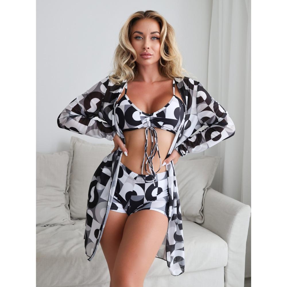 Женский трехсекционный комплект бикини с шортами-бойфрендами, модный купальник с бантом и пляжным парео