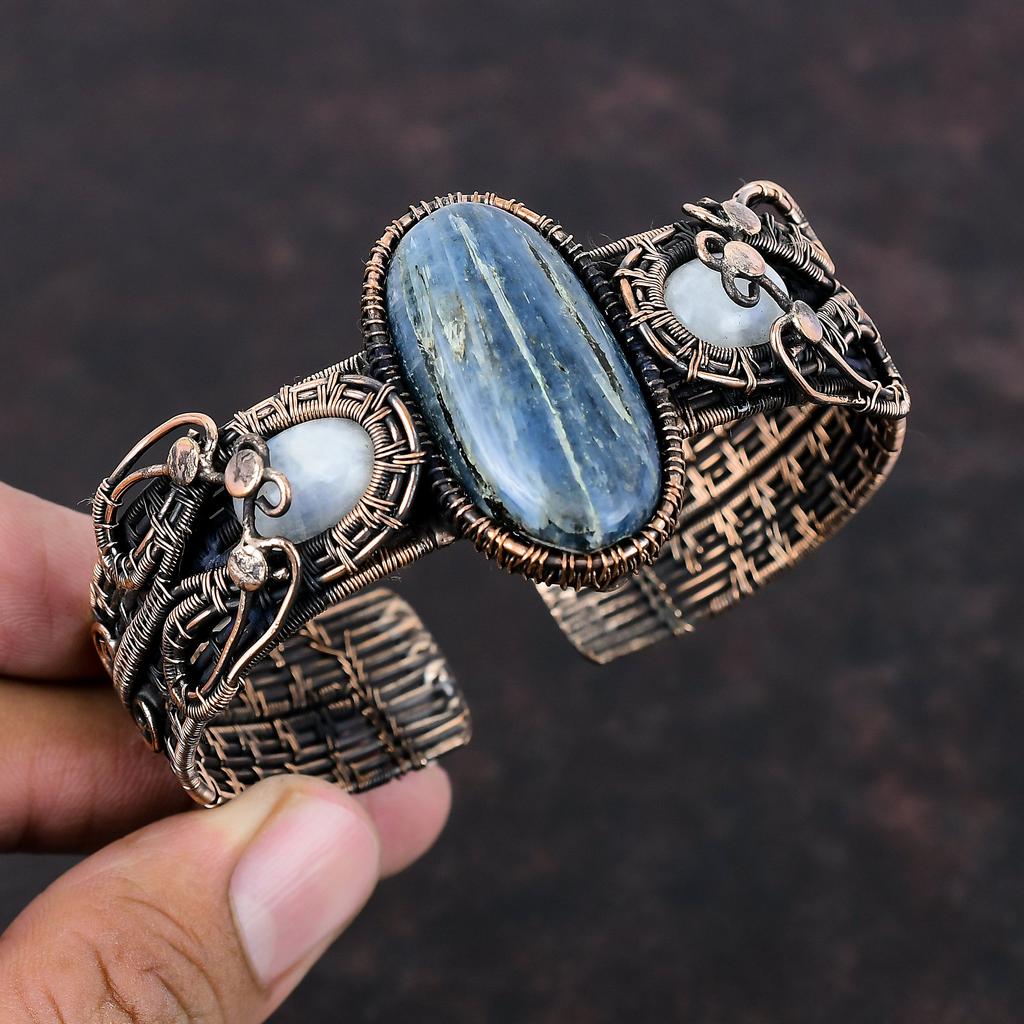 Kyanite Gemstone Bangle Adjustable Cuff Bracelet Copper Wire Wrapped Bangle Rainbow Moonstone Bangle Handmade Copper Jewelry Gift For Women