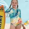 Girls High Neck Long Sleeve Front Zip One Piece Swimsuit Black Pink Gradient Printed