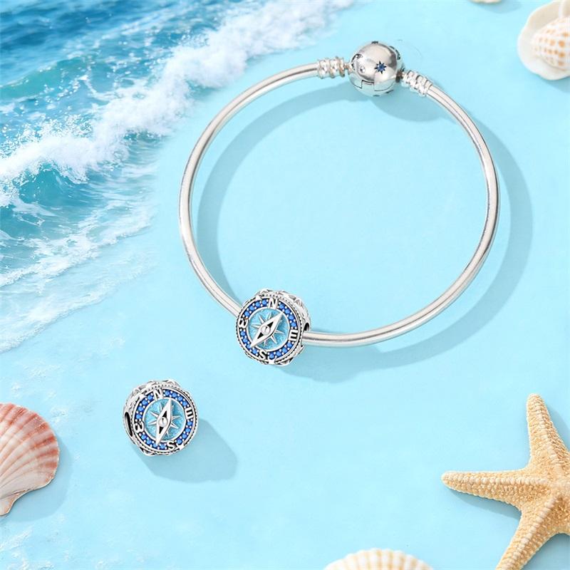 925 Silver Compass Charms Beads Sparkling CZ Zircon Dangle Fit Original Bracelet DIY For Women Travel Jewelry Gifts