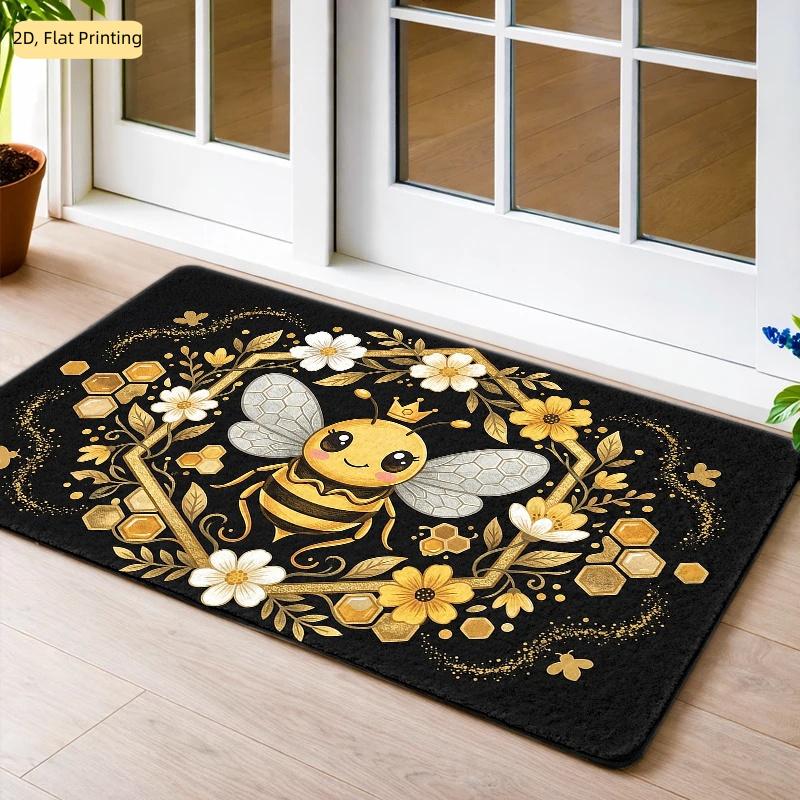 2D Cute Bee Flannel Floor Mat, Fun Machine-Washable Rug with Dotted Plastic Backing, Suitable for Indoor and Outdoor Use, Holiday Gift Home Decor Carp