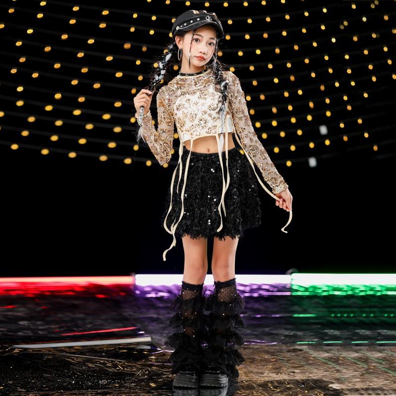 Girls Jazz Dance Outfit Set With Sequin Skirt Hooded Top Streetwear Performance Costume Kids 8