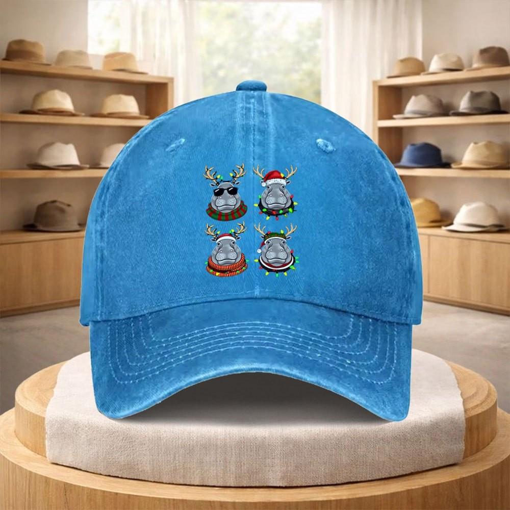 Hippo Reindeer Christmas Light Print Washed Denim Baseball Cap Adjustable Streetwear Hat