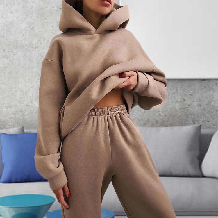 Spring new women's clothing, European and American hooded sweater trousers set, solid color fashion and casual two-piece set