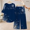 Women Plus Size Dark Blue Printed Two Piece Set Round Neck Half Sleeve High Low Top Long Pants