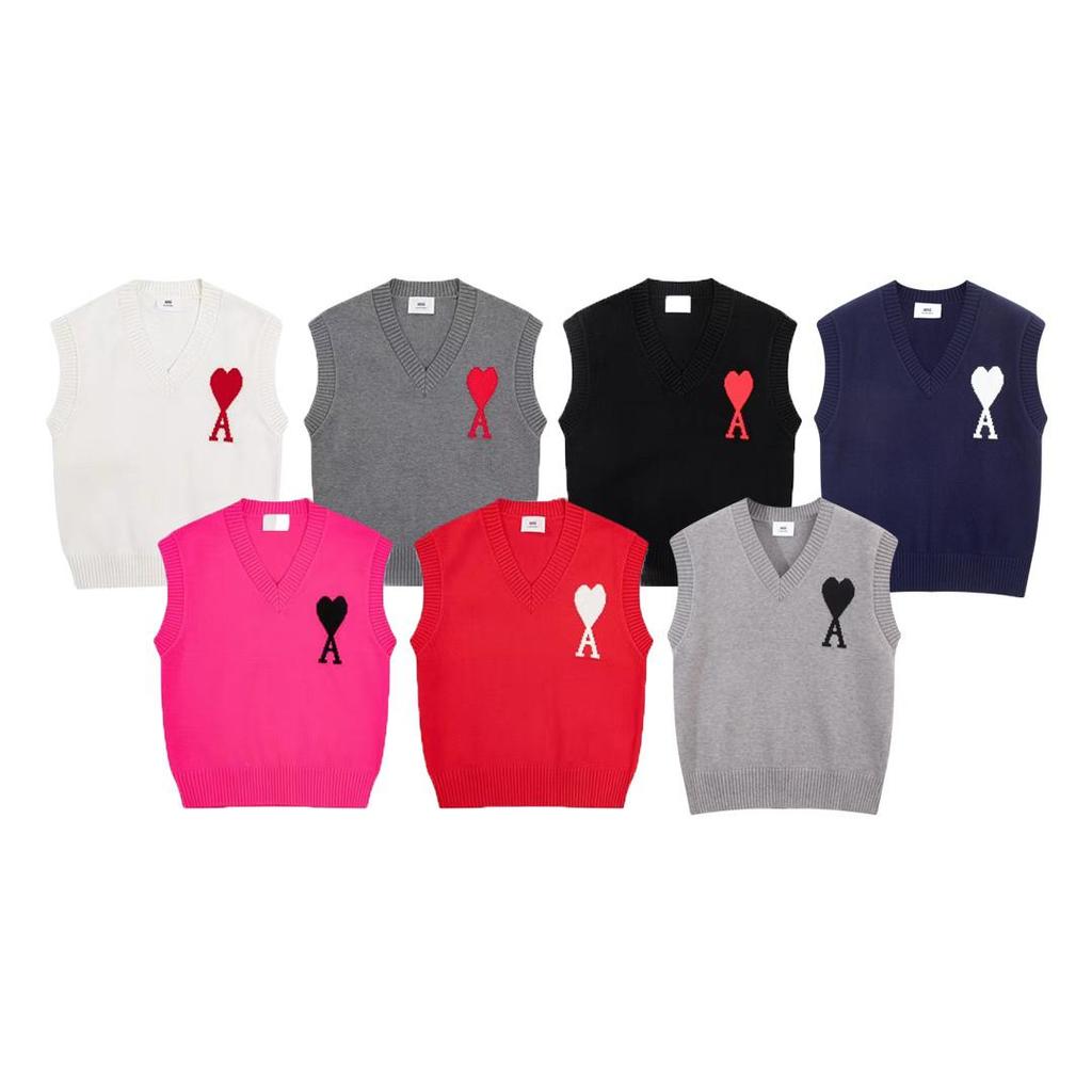 AMI 2025 Осень и Зима Мужской Новый Свитер Жилет с V-образным вырезом без рукавов для пары с красным сердцем и буквой