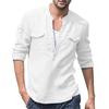 Mens Cotton Linen Casual Long Sleeve Stand Collar Solid Color Shirt