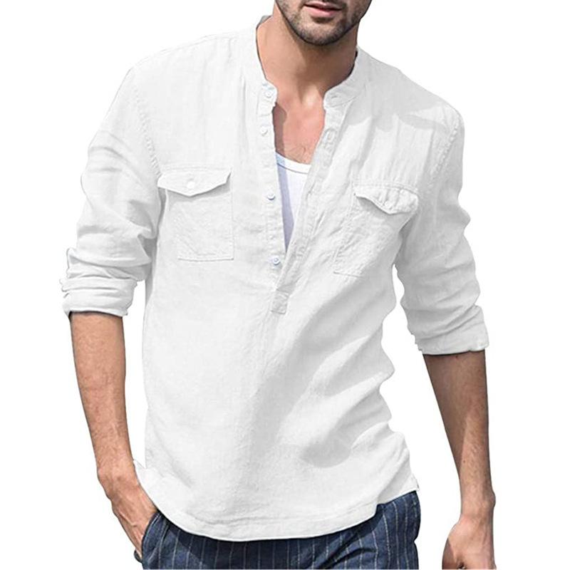 Mens Cotton Linen Casual Long Sleeve Stand Collar Solid Color Shirt