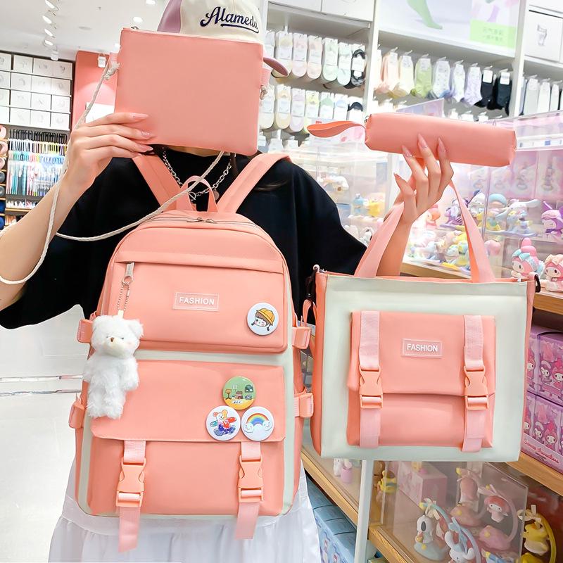 High-End Canvas Backpack for Junior High School Girls - Four-Piece Set