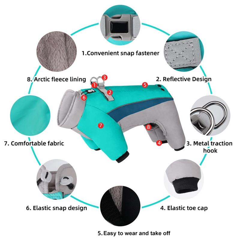 Warm Dog Coat 4 Legs Fullbody Covered Windproof Winter Dog Vest with Harness Reflective Turtleneck Dogs Snowsuit Puffer Jacket