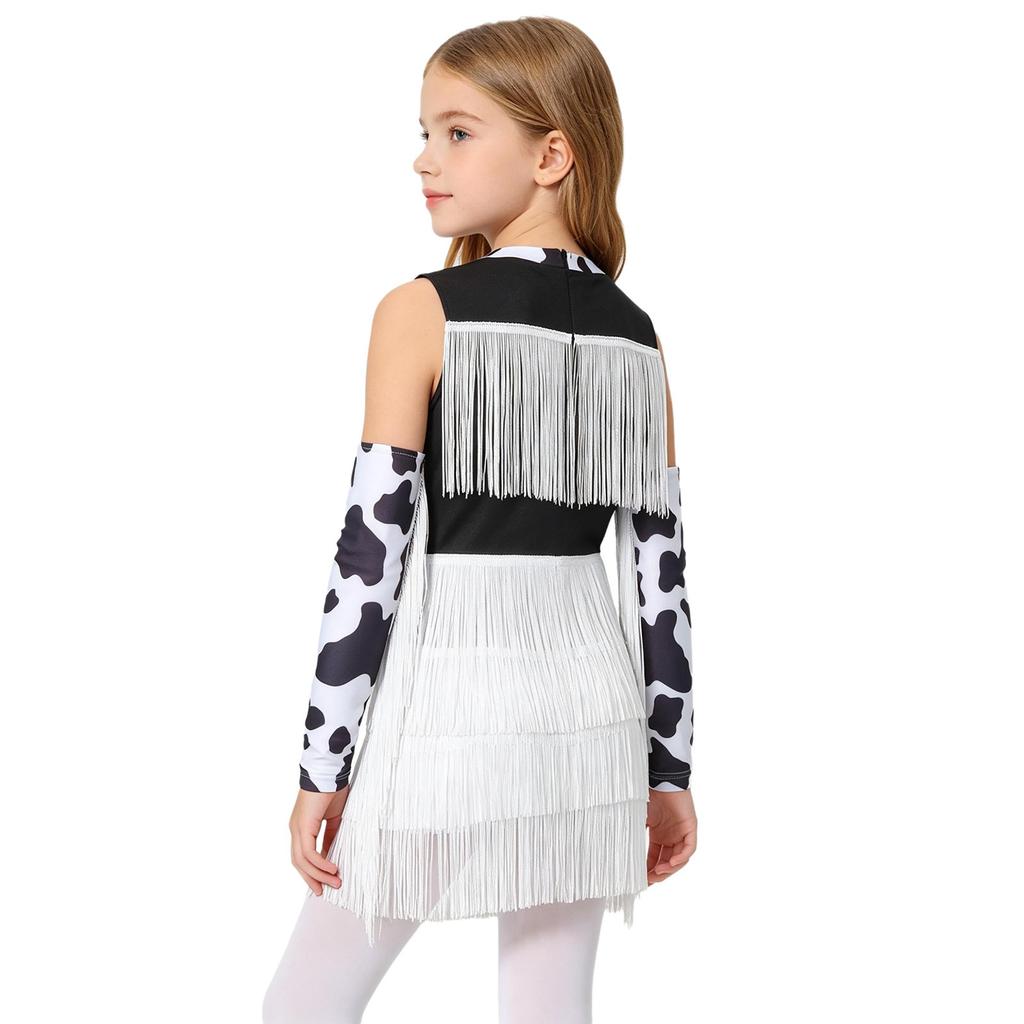 Girls Cowgirl Costume Dance Outfit Printed Sleeveless Layered Tassel Contrast Color Jumpsuit Fringed Gloves