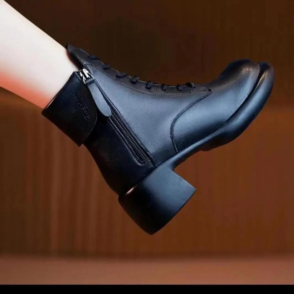 Классические ботильоны, женская зимняя кожаная повседневная обувь на молнии и шнуровке для женщин, современные ботинки на среднем каблуке с круглым носком