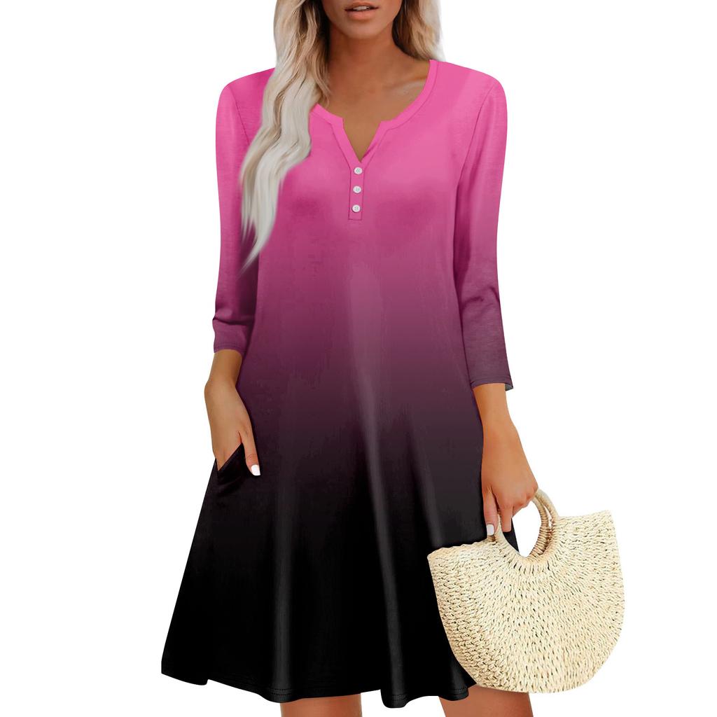 Women's Summer Casual V-neck Gradient Printed Button Up Dress with Pockets