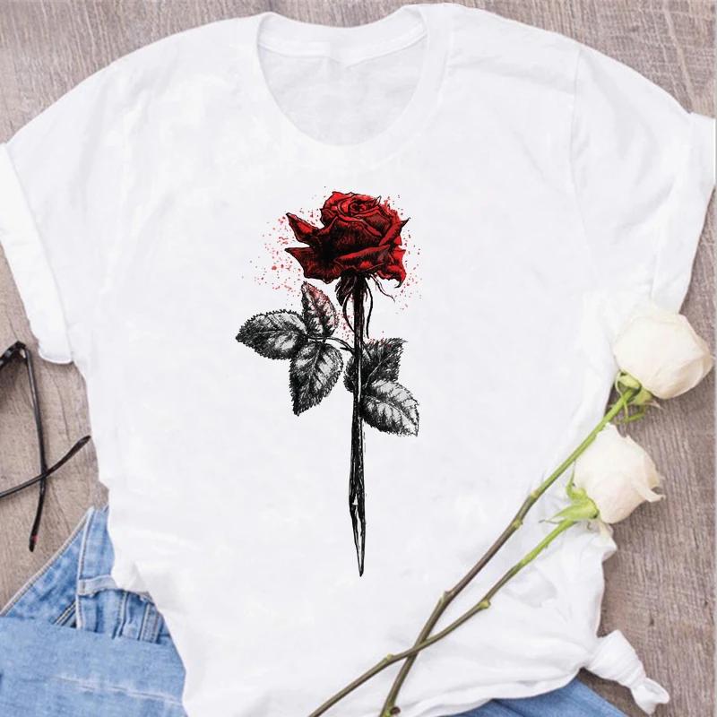 Red Rose Print Women T Shirt Summershort Sleeved Round Neck Harajuku Korean Style Graphic Tops Kawaii Female T-shirt Tops