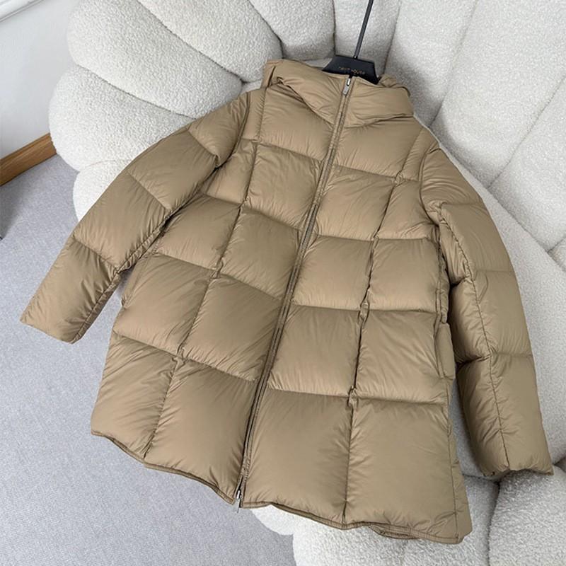 Женская зимняя стеганая куртка средней длины с капюшоном, наполнение 90% белого утиного пуха, толстая теплая зимняя куртка в черном, кофейном, хаки цветах