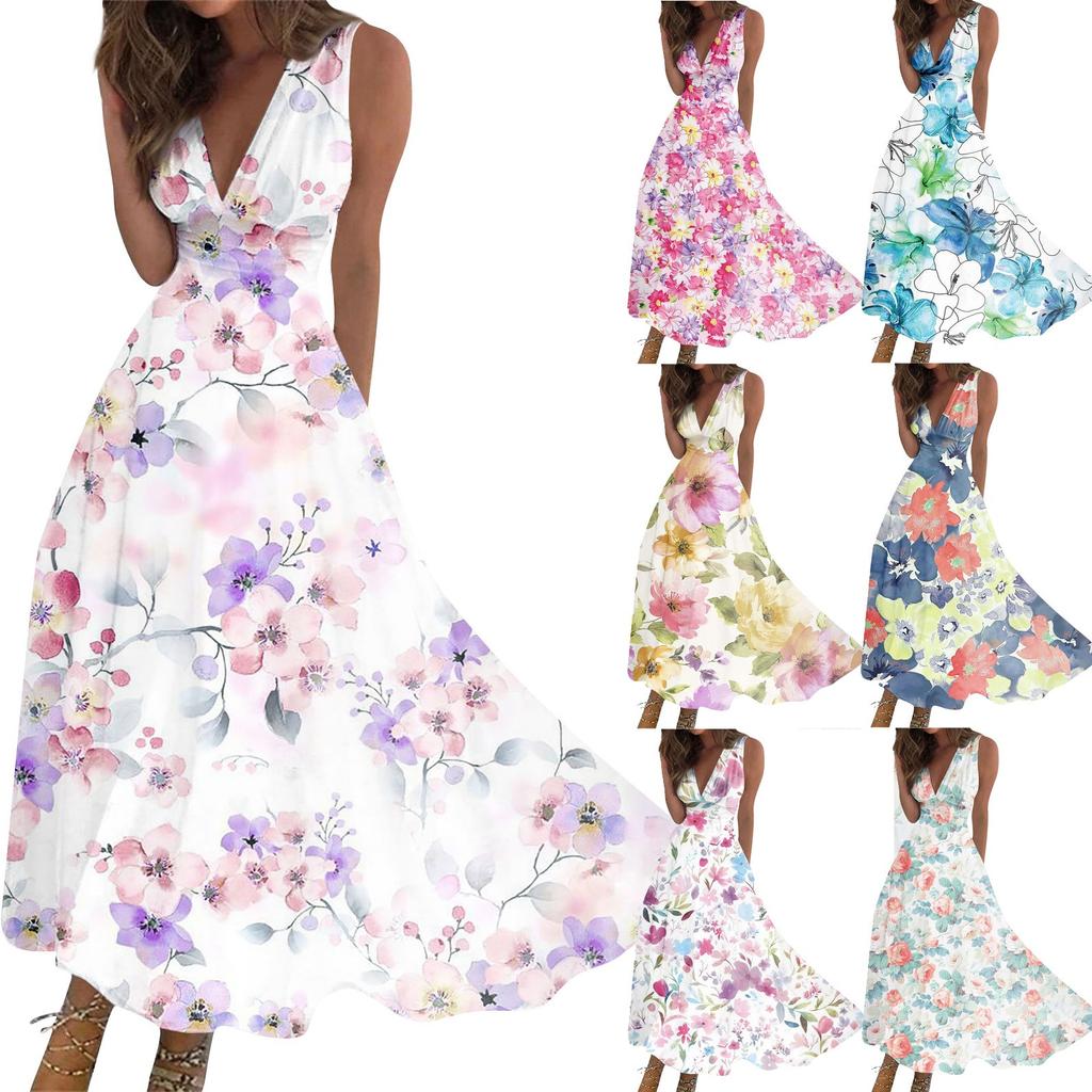 Women's Long Dress Maxi Dress Casual Dress Summer Casual Sleeveless V Neck Boho Waist Retraction Printed Dress