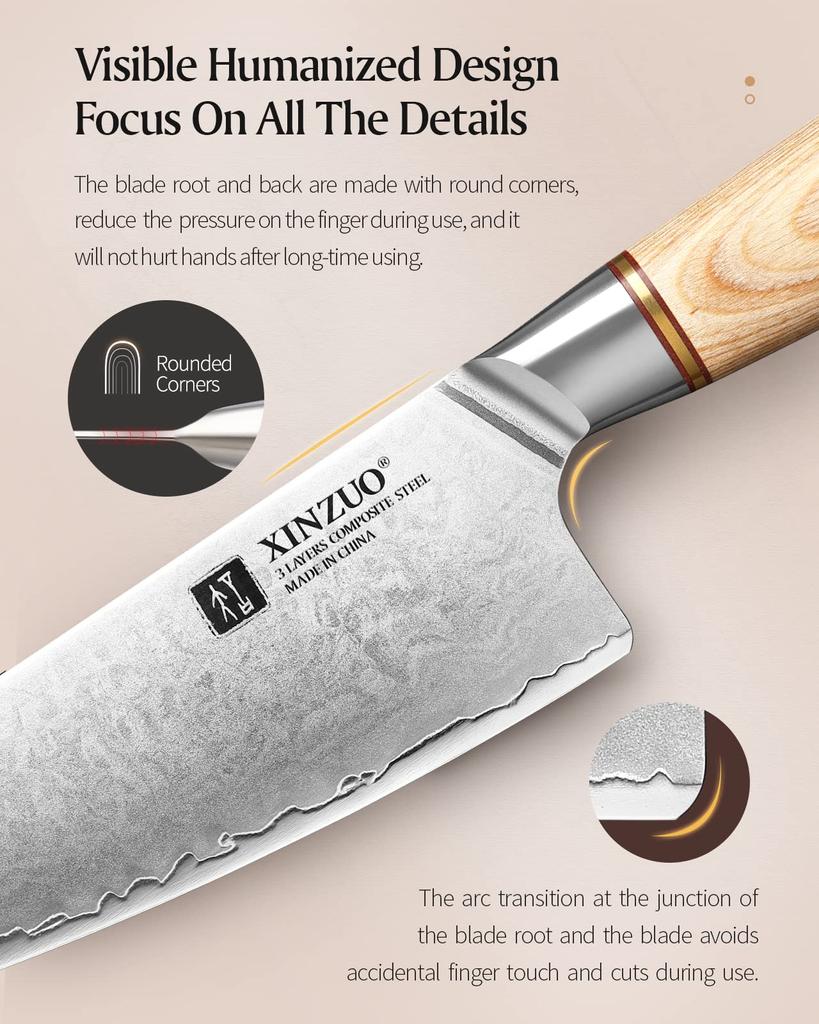 XINZUO Composite Steel 5Pcs Kitchen Knife 3 Layer Clad Steel Chef Knife Set 10Cr15CoMoV Steel Professional Sharp Cooking Knife Stainless Steel Knife