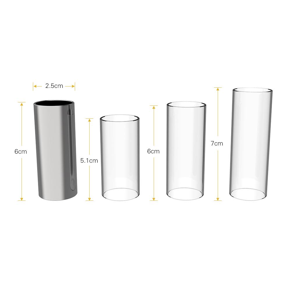 В комплект гитарных слайдов входят 3 стеклянных слайда (5,1 см/6 см/7 см) + 1 слайд из нержавеющей стали (6 см) + 4 предмета.