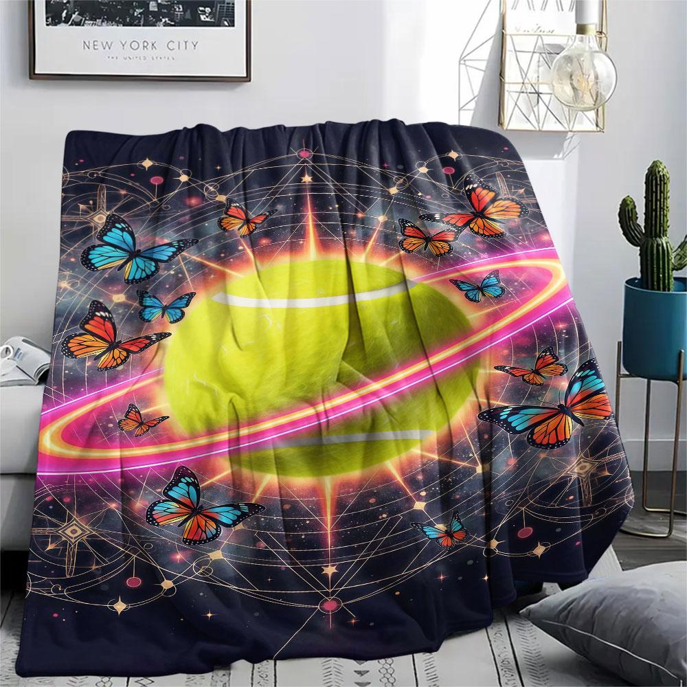 1Pc StarRingball Print Flannel Blanket, High quality Comfortable for All Seasons, Home Decor, Warmth and Comfort, Perfect for Christmas Gifts