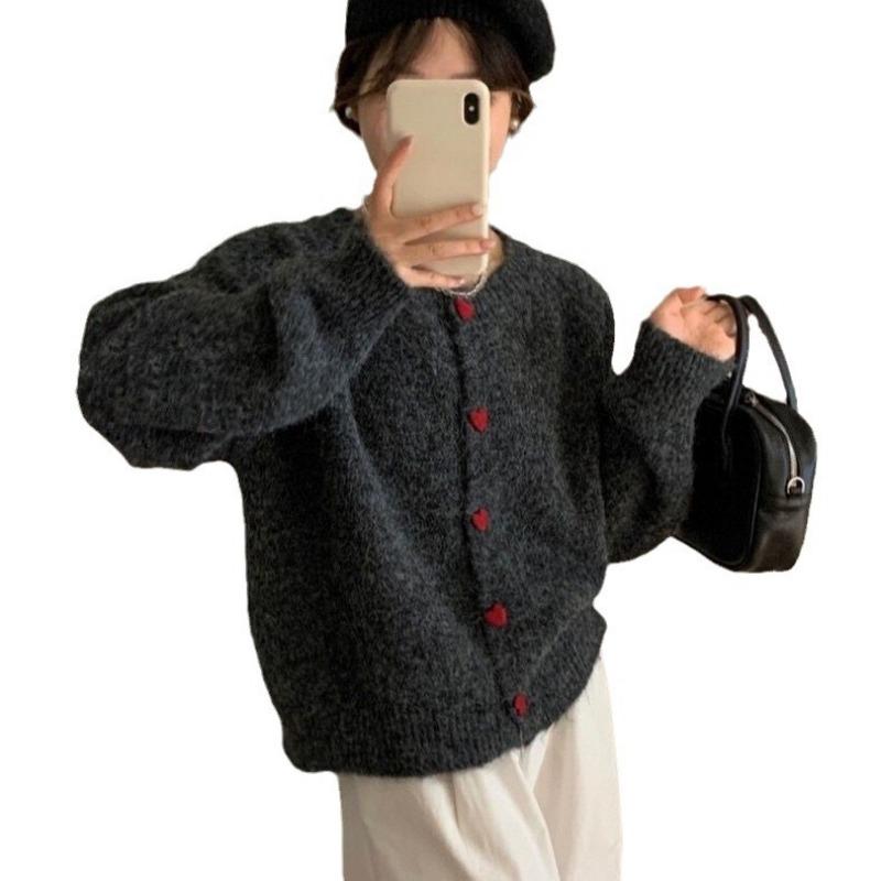 Милый мягкий восковой кардиган с вязаным узором и пряжкой-сердечком, женский, новый, осенне-зимний, свободный, модный, омолаживающий, с круглым вырезом, куртка-свитер