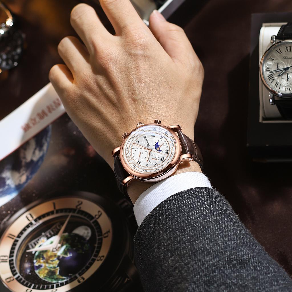 CHENXI 976 Men Quartz Watch luxury Brand Moon Phase Date Multifunctional Chronograph Leather Strap Wristwatch Business Gift