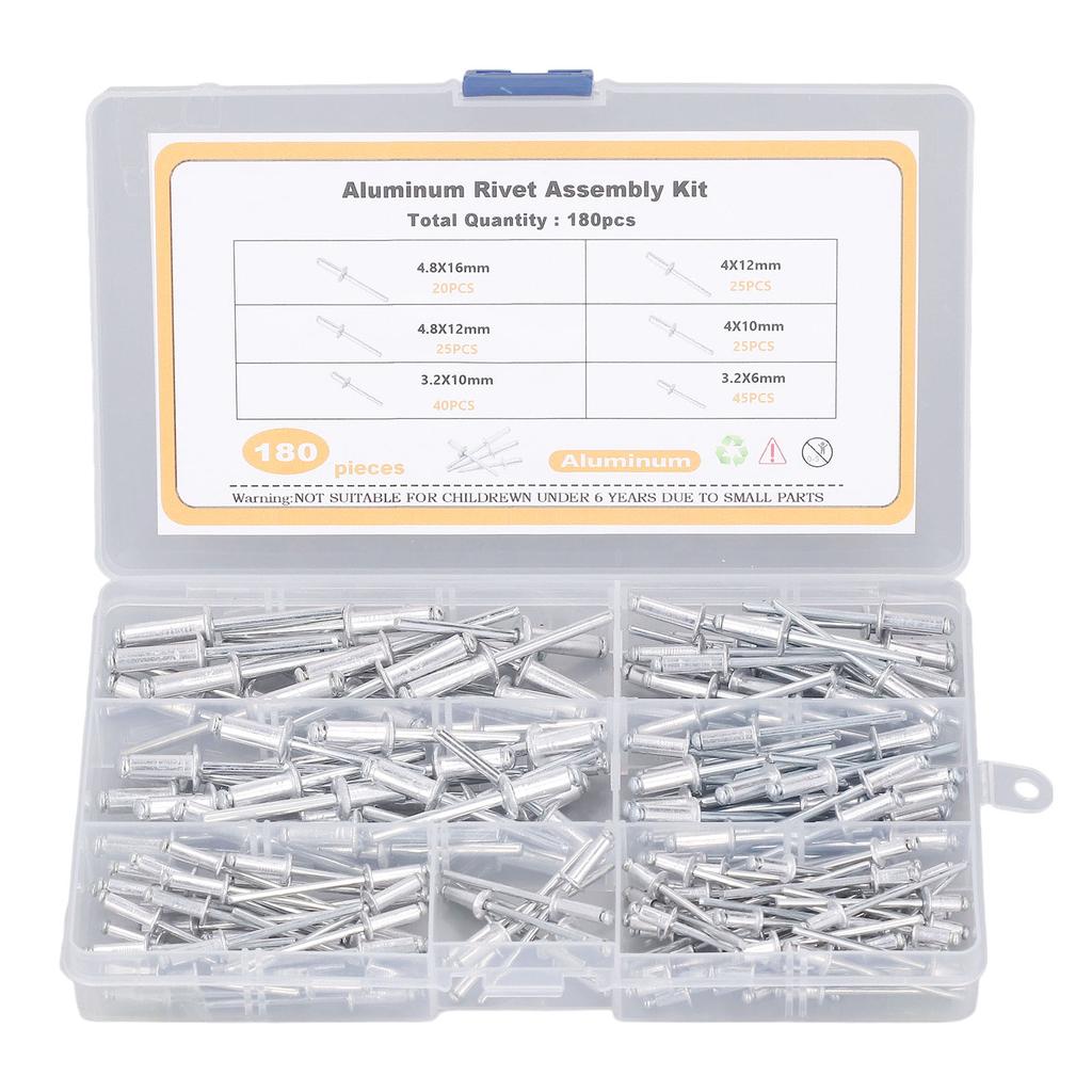 180Pcs Blind Rivet Flange Aluminium Alloy 6 Sizes Assortment Set Kit for Connection