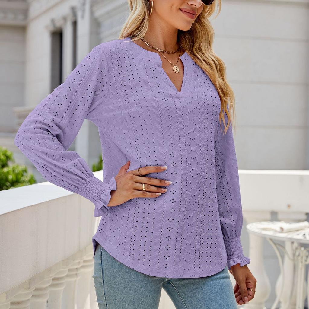 New Ladies Solid Color V-neck Casual Temperament Ladies Top Fashion Ladies Long Sleeves