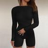 European and American Spring and Autumn Solid Color Ribbed Round Neck Long Sleeved Slim Fit Bottomed Jumpsuit