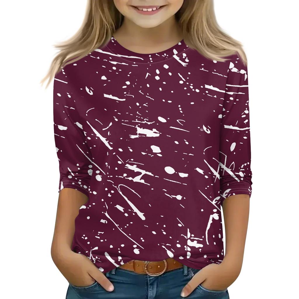 Print Tops For Youth Girls 5-16 Years Round Neck 3/4 Sleeves T-Shirts Trendy Tops Outfit Tees