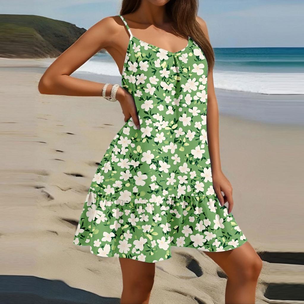 Женское модное повседневное платье без рукавов с круглым вырезом и цветочным принтом для пляжа