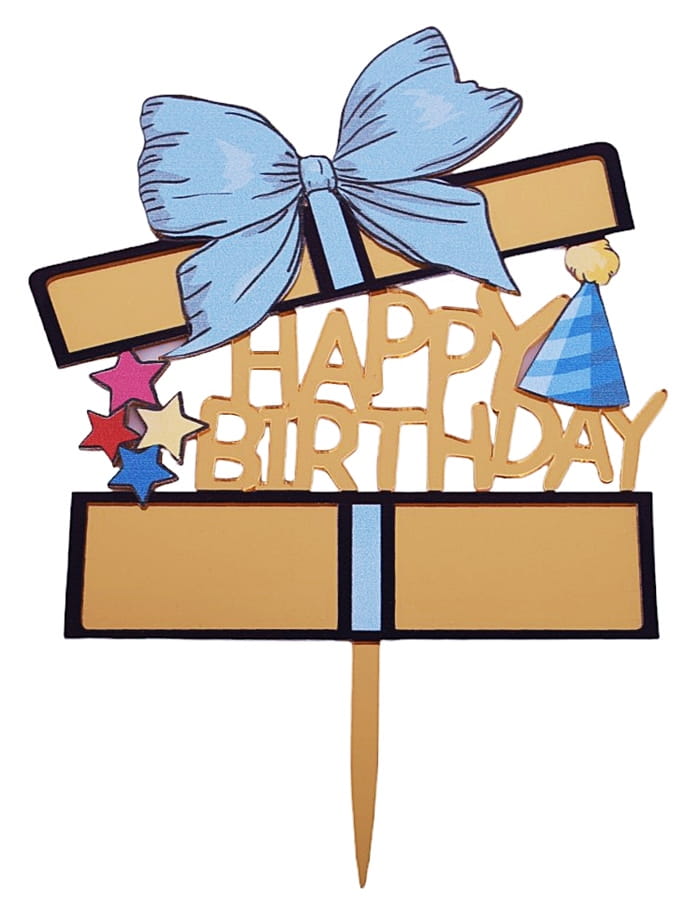 Topper Akrylowy Happy Birthday Złoty Niebieska Kokarda