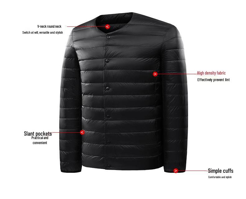 Men's Lightweight Collarless Down Jacket - Autumn/Winter, Plus Size Round Neck White Duck Coat