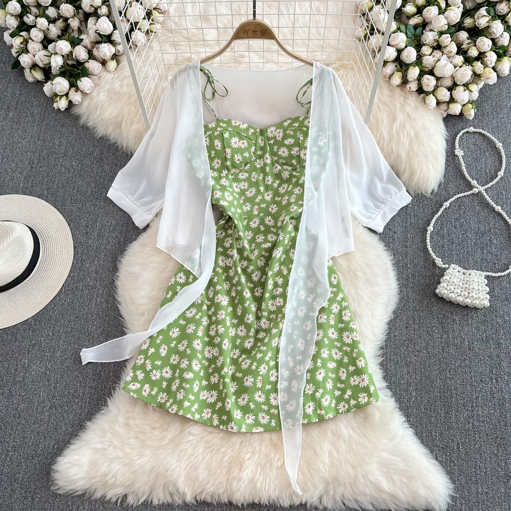 Women Summer Floral Print Two Piece Slim Vacation Elegant Ladies A Line Short Dress