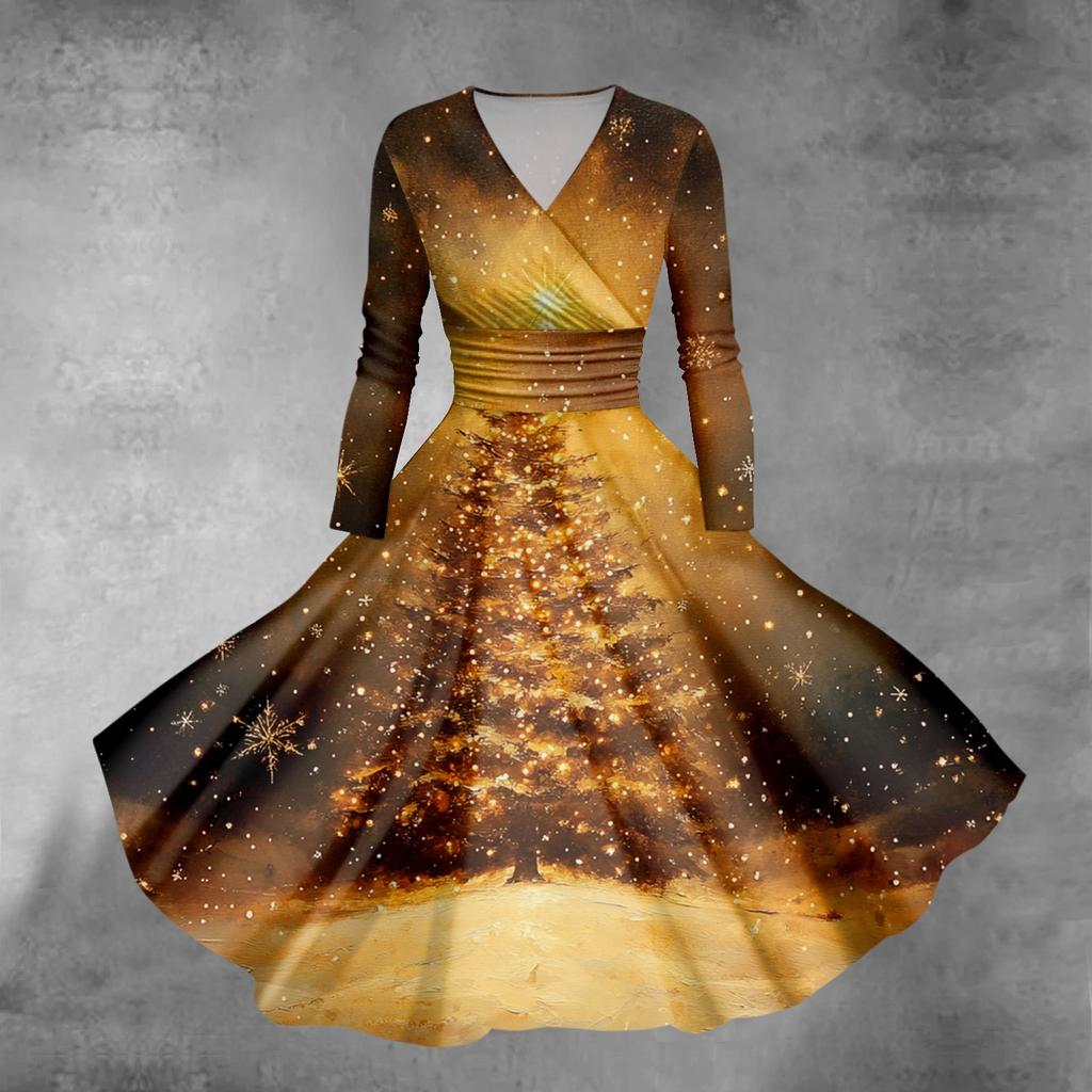 Women's Christmas Tree Snowflake Print V-Neck Slim Fit Long Sleeve Swing Dress