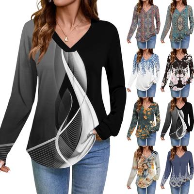 Женские топы с длинным рукавом, нарядные повседневные футболки с V-образным вырезом, базовые футболки, одежда для отпуска, осенняя модная одежда