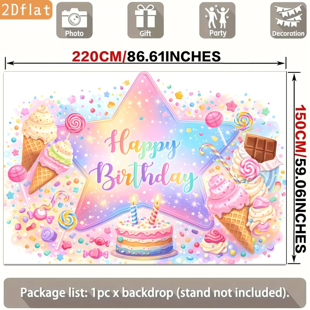 Pastel Rainbow Star Birthday Cake Ice Cream Lollipops Candy Confetti Polyester Backdrop, for Party Decor Home, Club, Garden, Farm, Room, No