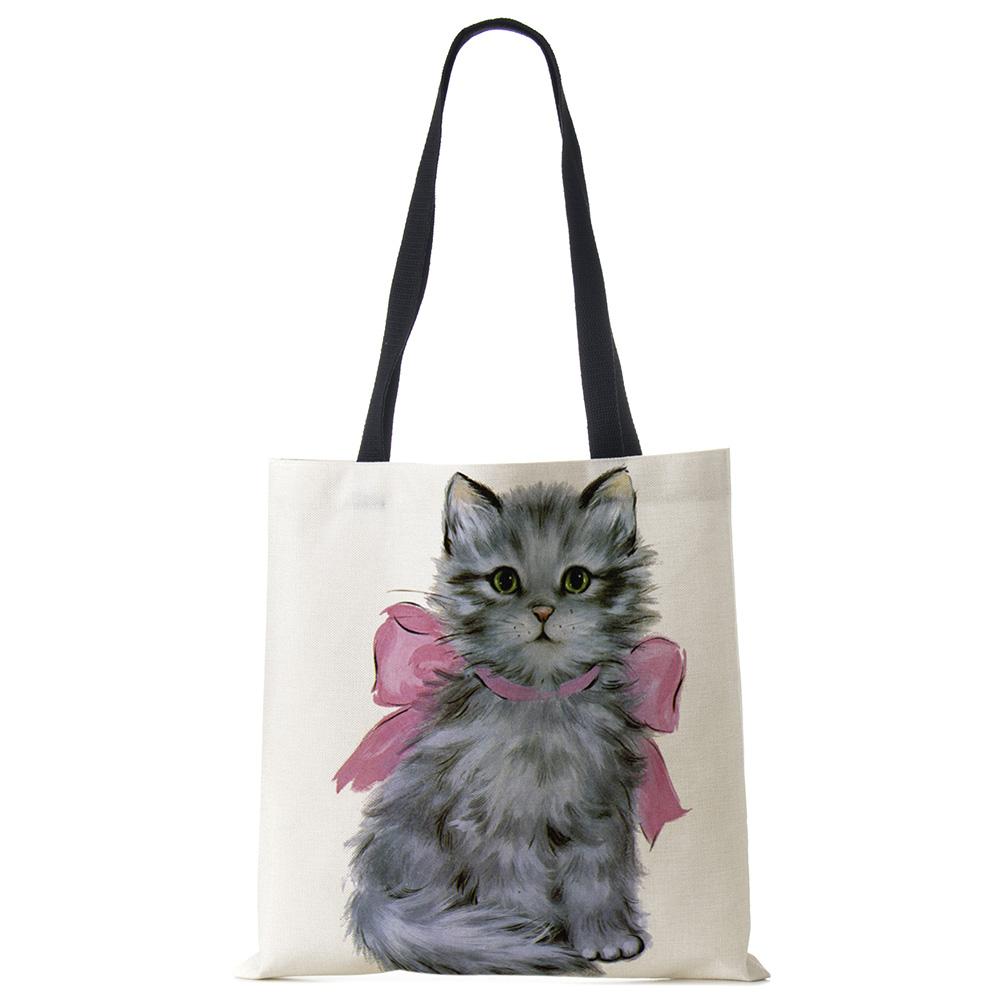 Персонализируйте Милый Акварельный Принт с Кошкой Женские Дизайнерские Холщовые Сумки Тканевые Эко Многоразовые Сумки-Шоперы Сумки на Плечо Школьная Сумка для Книг KTY