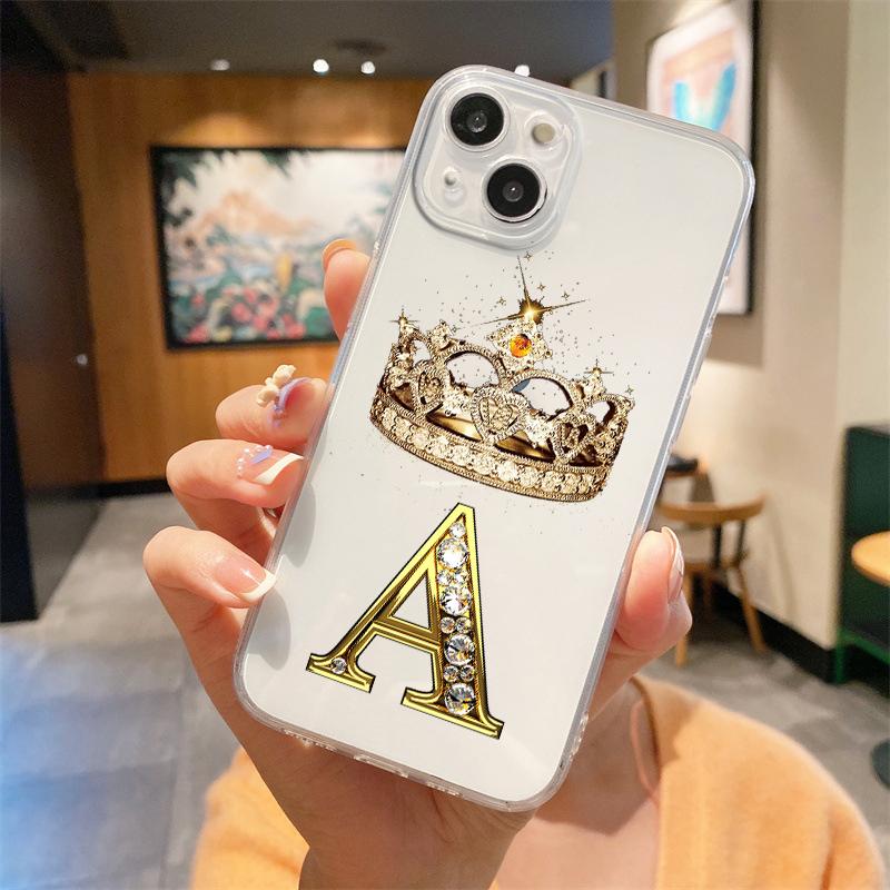 Для iPhone 15 16 14 13 12 mini 11 Pro Max XS X XR SE 7 8 Plus Силиконовый Прозрачный Чехол Алмазная Корона Буква 26 Букв Чехол для Телефона