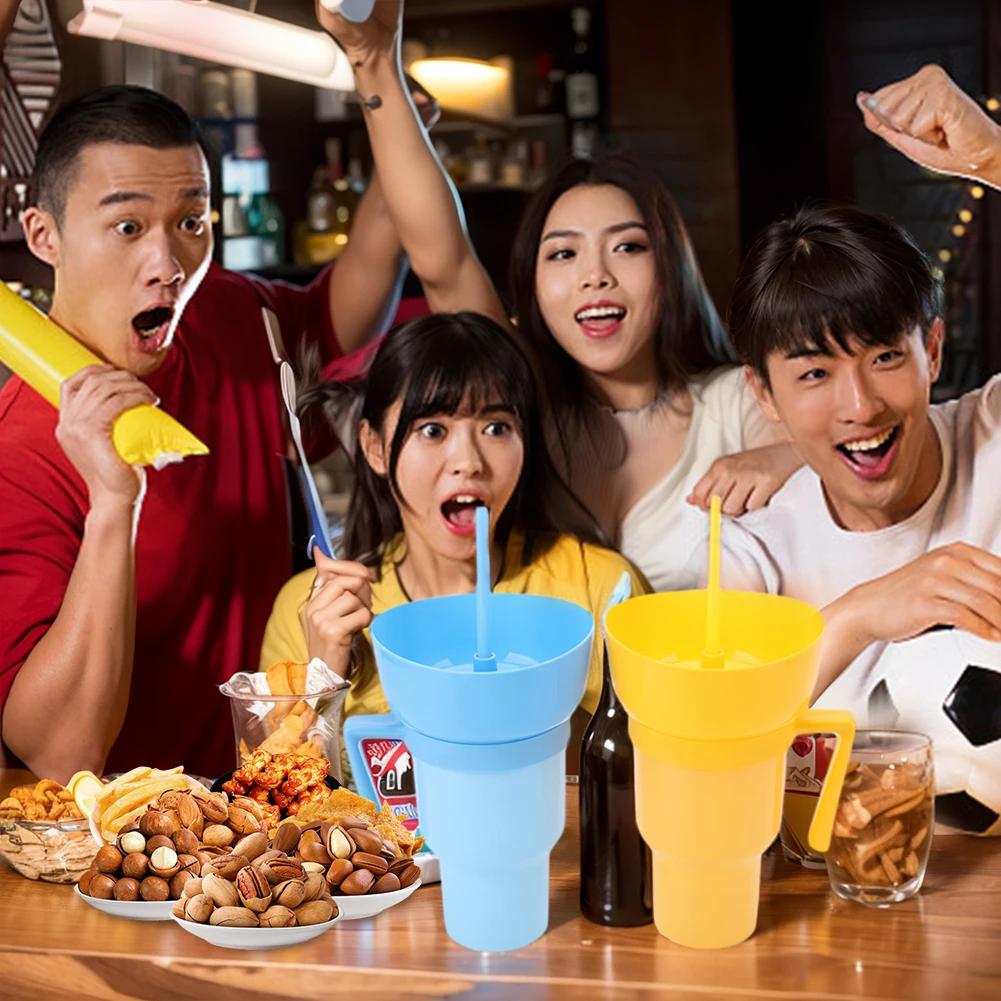 Стадионный стакан для попкорна, кола, стакан 2 в 1, стакан для закусок, переносная миска для закусок, миска для хранения курицы с ручкой, стакан с трубочкой
