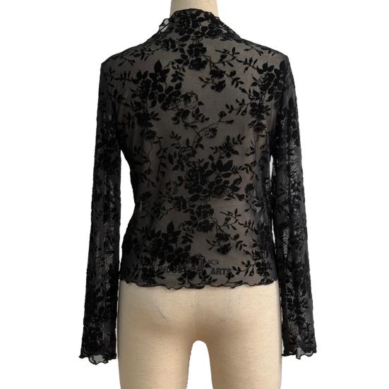 Женский топ с длинным рукавом из сетки с воротником-стойкой, цветочная полупрозрачная рубашка, сексуальная блузка для вечеринки, клуба, ночного выхода