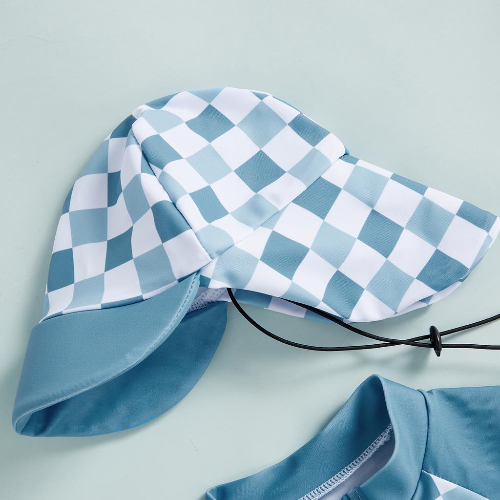 Boys Girls Short Sleeve Swimwear Casual Plaid Print Zipper Rash Guard Swimsuit and Hat Beachwear Bathing Suit