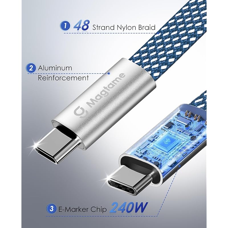 Magtame Type C Cable Flat Flat Magnet Automatic Storage 240W/5A Fast Charging Type-c Cable QC4.0/PD3.1 Compatible Usbc-usbc Cable Metal Connector