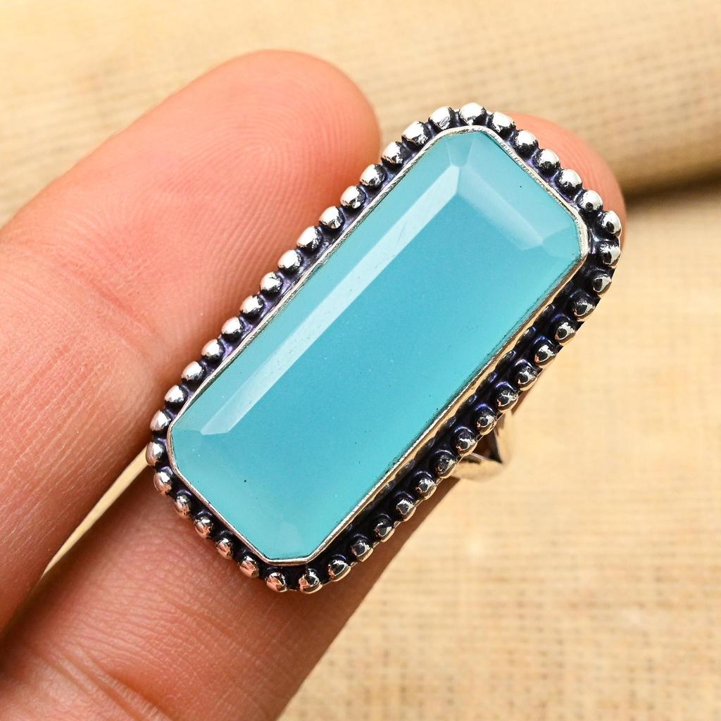 Потрясающее кольцо из стерлингового серебра 925 пробы с синим халцедоном и драгоценным камнем ручной работы для любви