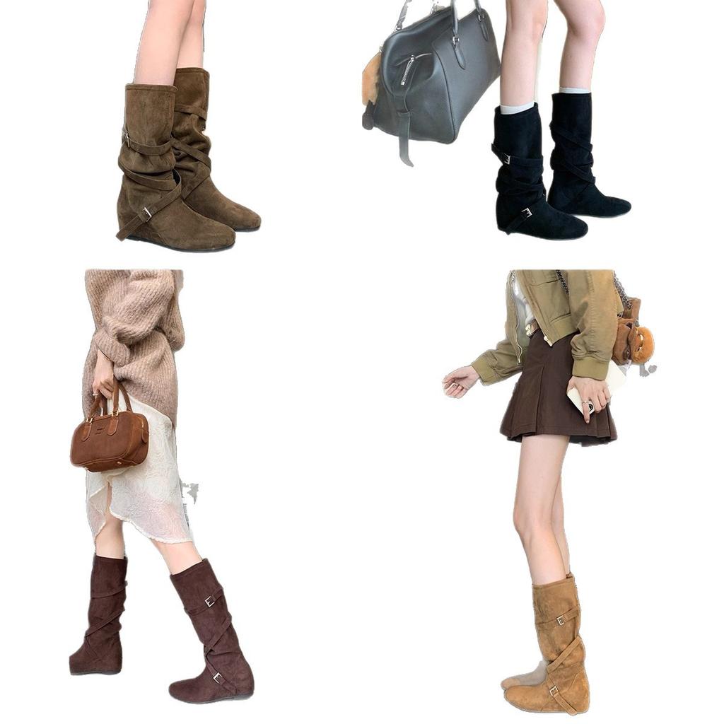 Cowhide~ Heel Height Increased 6cm, Genuine Leather Boots, Western Boots, Women's Pleated Stacking Boots, Medium Tube Buckle Strap, Thin Knight Boots