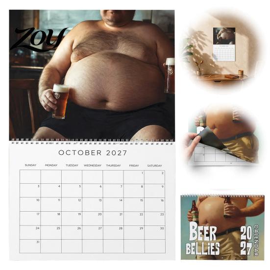Novelty Note Taking Calendar 2027 Beer Bellies Wall Calendar, Funny Men Photo Monthly Planner with Coil Belly Man Decor Binding for Home Office