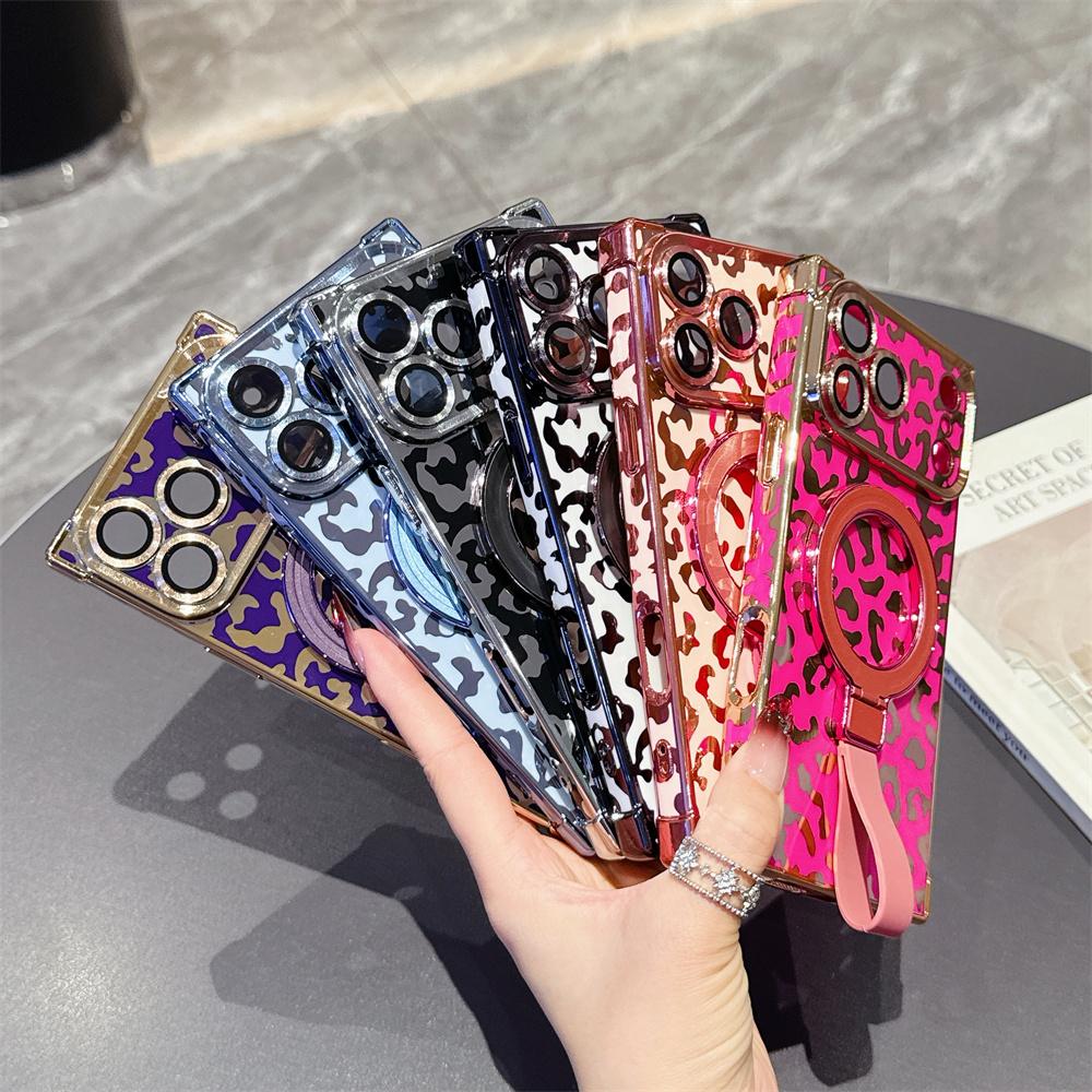 Hot Luxury Leopard Print Magnetic Electroplated Phone Case for iPhone 17 Pro Max 16 15 14 13 Y2K Ring Holder Strap Protect Cover