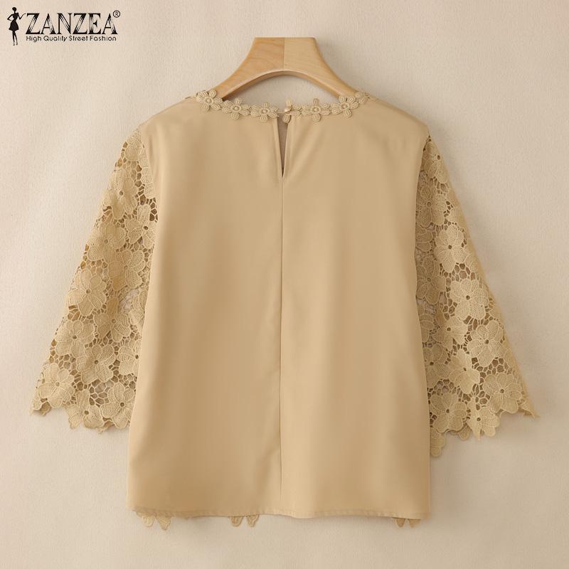 ZANZEA Женская летняя блузка с круглым вырезом, рукавом 3/4, в стиле кэжуал, пэчворк, кружево, крючком
