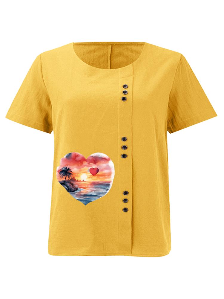 Women's Fashion Heart-shaped Scenery Print Round Neck Short Sleeve T-shirt Casual Cotton Linen Graphic Shirt Leisure Loose Summer Blouse Tops
