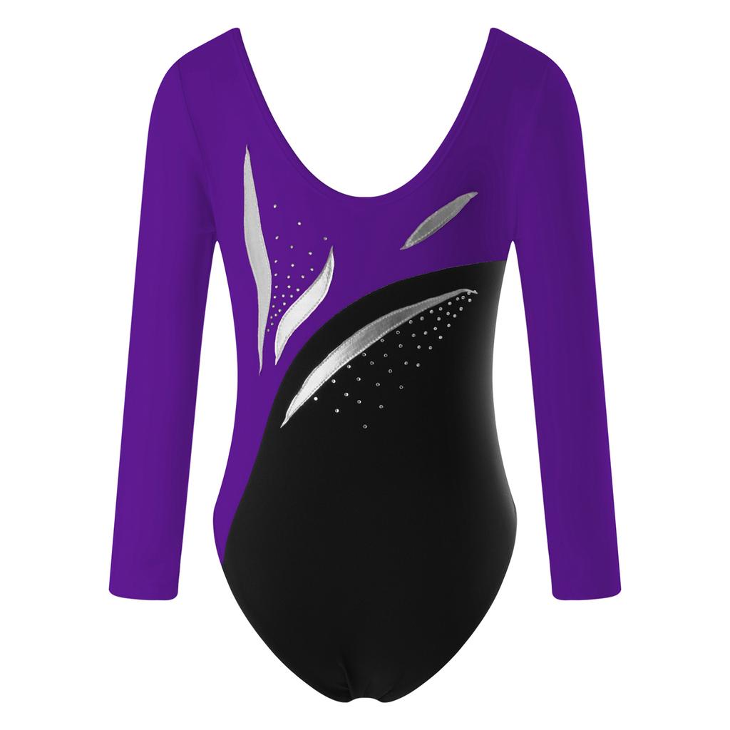 Children Girls Stylish Leotards Round Neckline Shiny Rhinestone Jumpsuit Gymnastics Skating Bodysuit